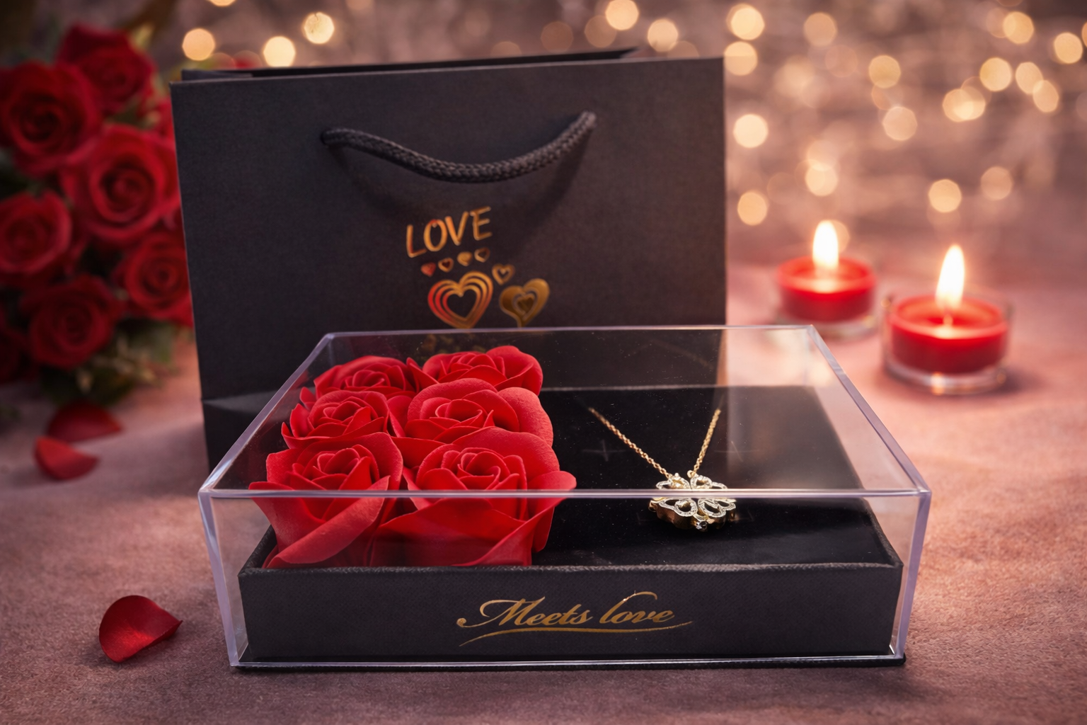 Valentine’s Rose Gift Box with Gold Plated Clover Heart Necklace