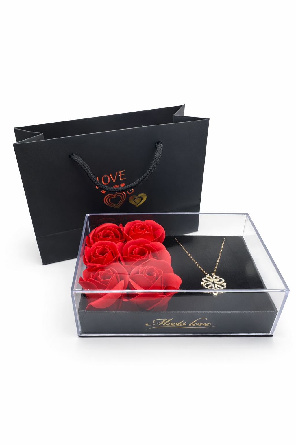 Valentine’s Rose Gift Box with Gold Plated Clover Heart Necklace
