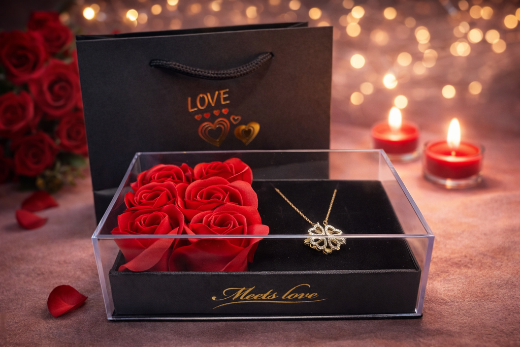 Valentine’s Rose Gift Box with Gold Plated Clover Heart Necklace