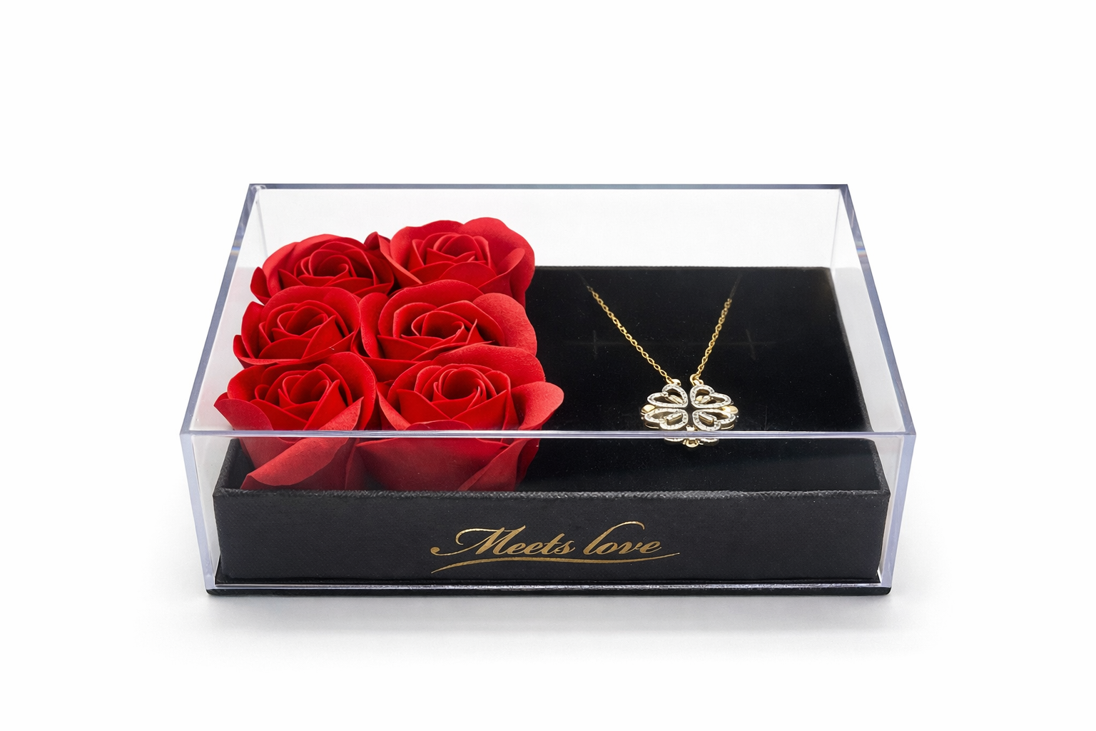 Valentine’s Rose Gift Box with Gold Plated Clover Heart Necklace