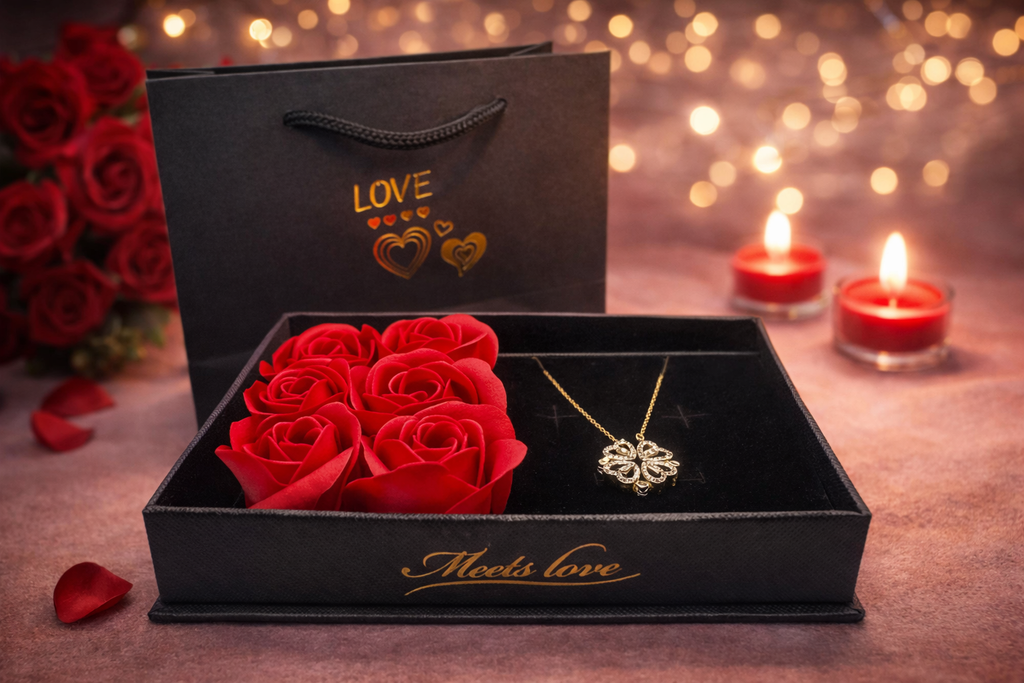 Valentine’s Rose Gift Box with Gold Plated Clover Heart Necklace