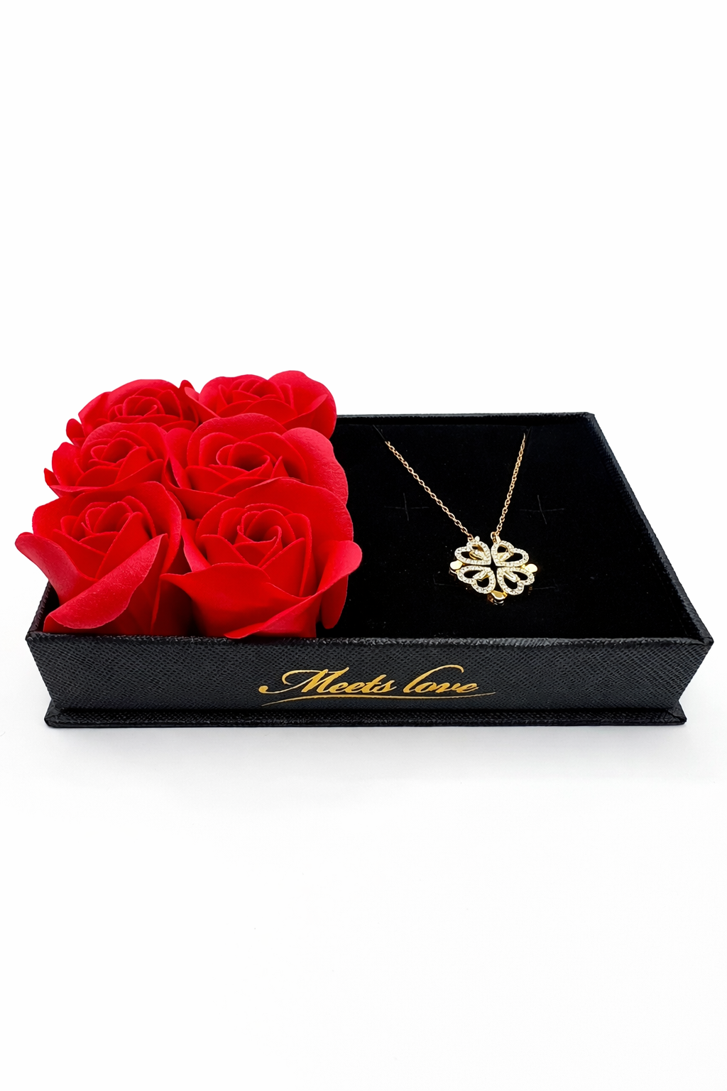 Valentine’s Rose Gift Box with Gold Plated Clover Heart Necklace
