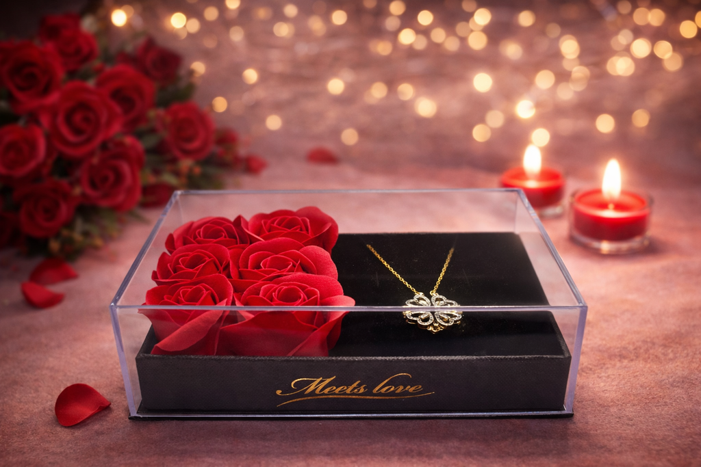 Valentine’s Rose Gift Box with Gold Plated Clover Heart Necklace