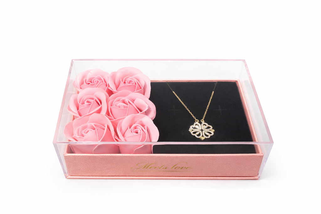 Luxury Rose Gift Box with Gold Clover Heart Necklace