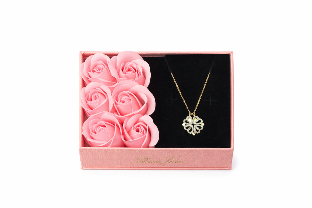 Luxury Rose Gift Box with Gold Clover Heart Necklace