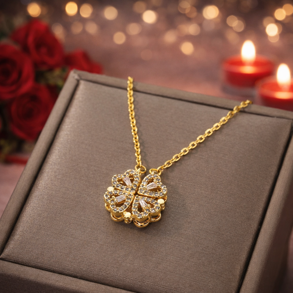 Valentine’s Rose Gift Box with Gold Plated Clover Heart Necklace