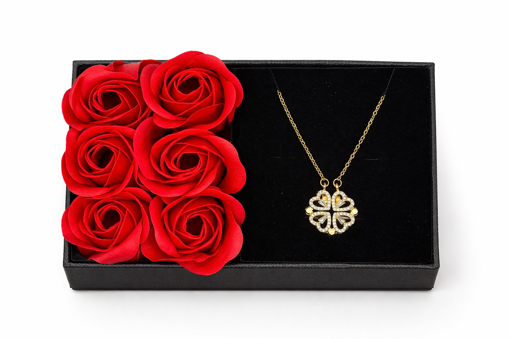Valentine’s Rose Gift Box with Gold Plated Clover Heart Necklace