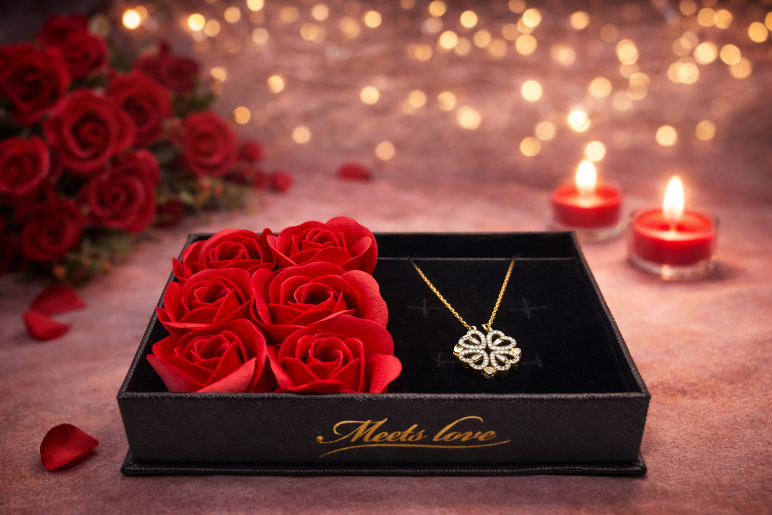 Valentine’s Rose Gift Box with Gold Plated Clover Heart Necklace